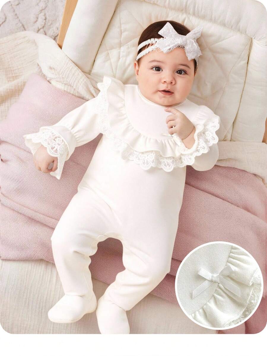 新生女宝宝可爱休闲针织弹力白色荷叶边长袖连体衣 - 白色 - 查看 1