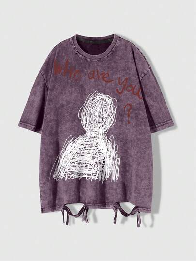 T-shirt vintage pour homme violet avec impression graphique de personnage en fil déchiré