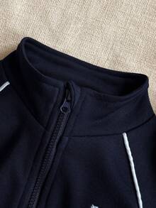 SHEIN Playful Pals 男婴休闲刺绣拉链外套和裤子套装（2件套），时尚街头户外运动套装，秋冬季