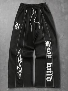 PAVTROS Pantalon de survêtement décontracté pour hommes avec cordon de serrage à la taille, pantalon de survêtement noir avec imprimé graphique pour l'automne, pantalon streetwear avec imprimé lettres, pantalon élastique pour hommes, pantalon de survêtement Y2k goth pour hommes - Noir - Voir 1
