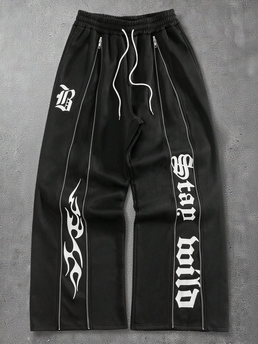 PAVTROS Pantalon de survêtement décontracté pour hommes avec cordon de serrage à la taille, pantalon de survêtement noir avec imprimé graphique pour l'automne, pantalon streetwear avec imprimé lettres, pantalon élastique pour hommes, pantalon de survêtement Y2k goth pour hommes - Noir - Voir 1