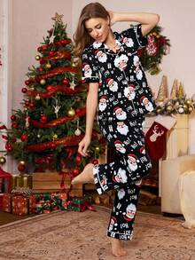 SHEIN 粉色郁金香印花翻领短袖睡衣套装（女款） - 彩色 - 查看 4