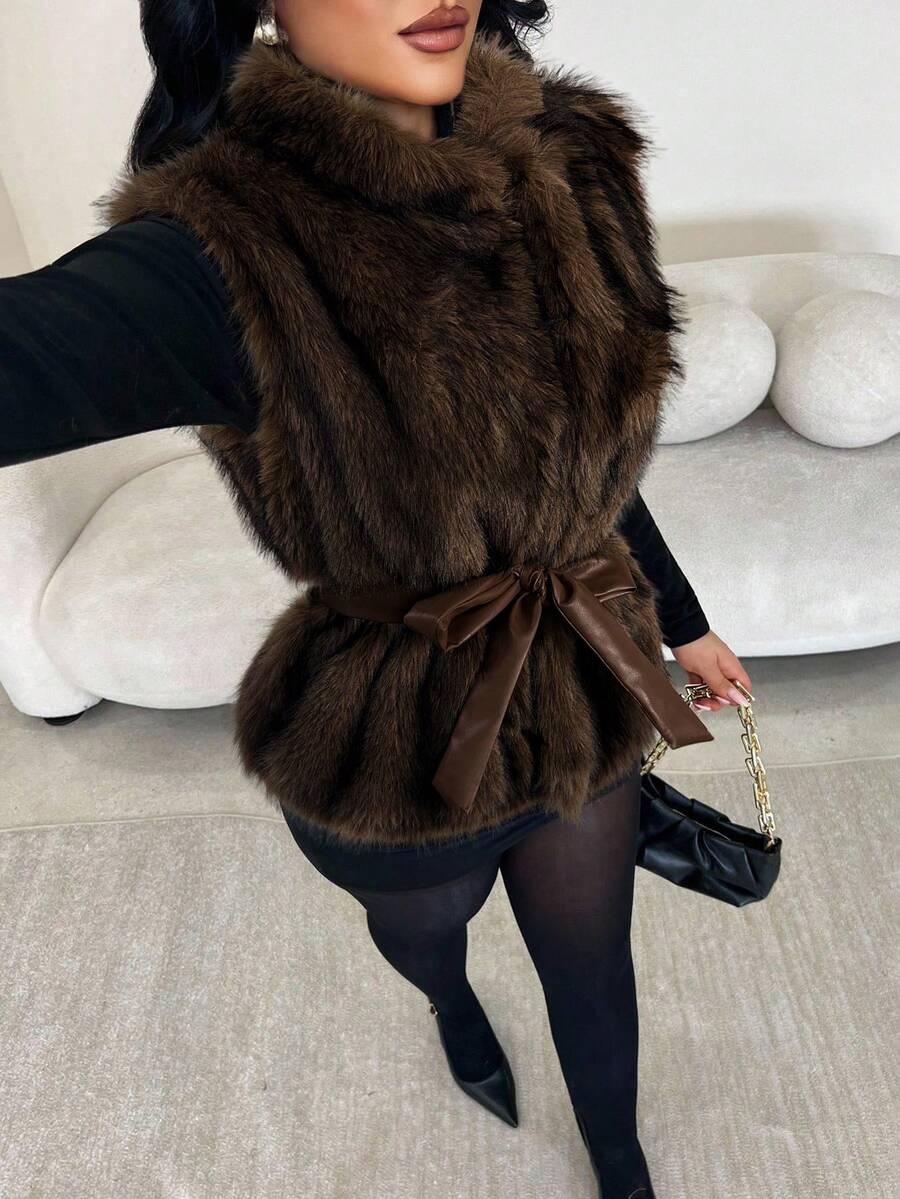 SHEIN SXY 女士纯色优雅无袖人造毛皮系带夹克,巧克力棕色上衣,女士冬季无袖人造毛皮外套 - 棕色 - 查看 1