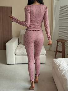 DAZY 2pcs Floral Contrast Trim Fitted Long Sleeve Top And Pants Pajama Set, Women, Autumn/Winter Clothes - Pink - View 2