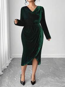 Cravure Vestido plus size elegante para festa, gola redonda, fenda, lantejoulas, estampa de leopardo, patchwork, assimétrico - Multicolorido - Ver 3