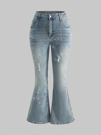 Grunge Punk Jeans mit Schädel- und Kreuz-Muster, Strass und Destroyed-Effekt in Große Größen im Y2K-Stil