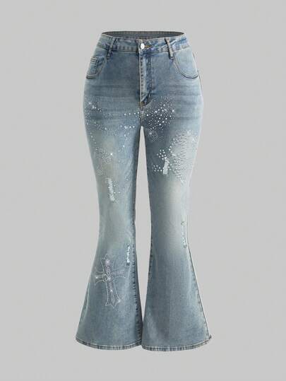 Grunge Punk Jeans mit Schädel- und Kreuz-Muster, Strass und Destroyed-Effekt in Große Größen im Y2K-Stil