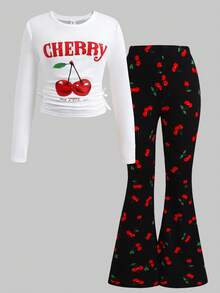 SHEIN Tween Girl Casual Comfy Round Neck Pullover Cropped Long Sleeve T-Shirt & Bell Bottom Pants Set, Cherry Fruit Print - Multicolor - View 4