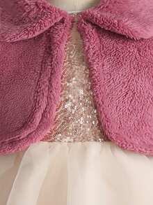 SHEIN 4-7 Years Old Girls Autumn/Winter Fashion Retro New Plush Jacket With Collar & Long Sleeve, Short Design With Hidden Buttons & Beaded Fabric Sleeveless Mesh Skirt Hem Dress 2 Pieces Set - Pink - View 7