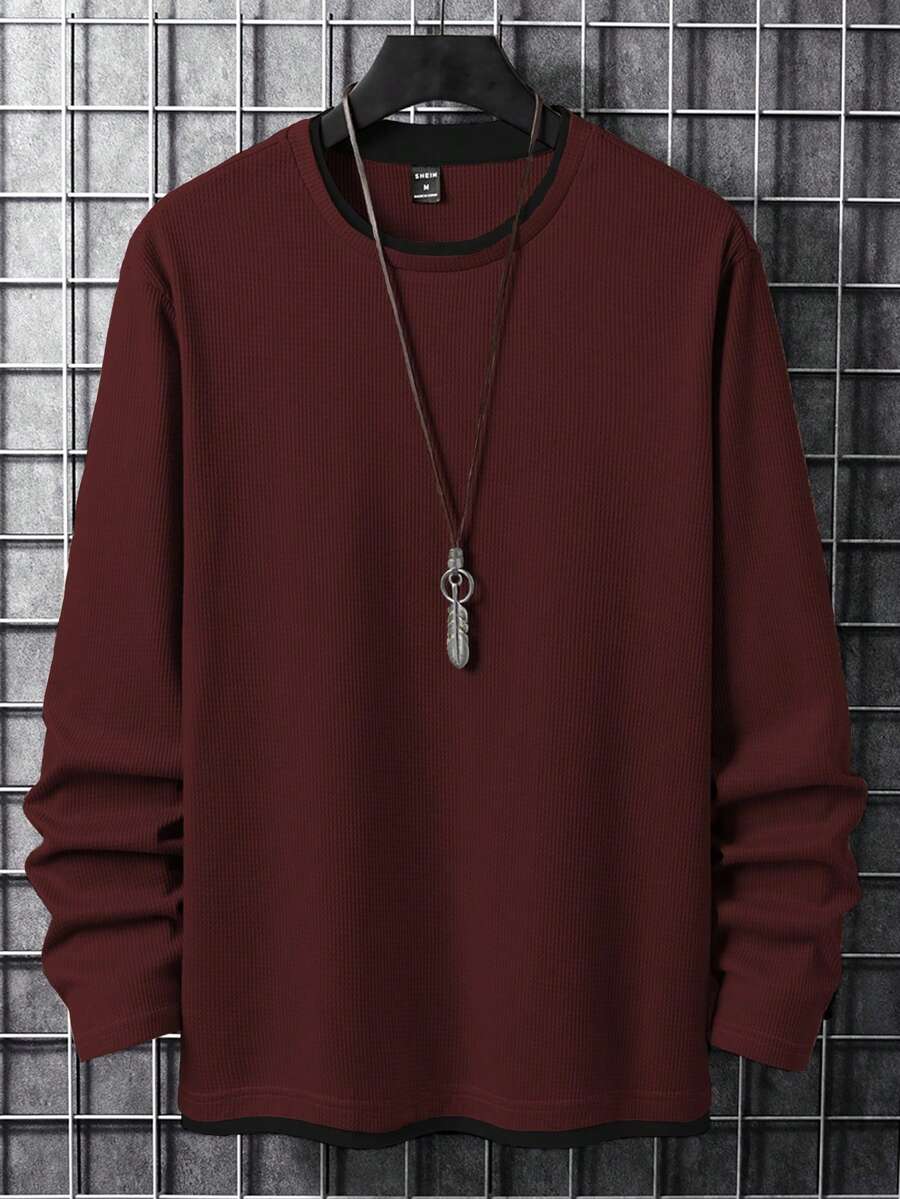 Manfinity Homme 男士休闲撞色圆领长袖T恤，秋季男士休闲上衣，男士长袖上衣，男士上衣 - 棕色 - 查看 1
