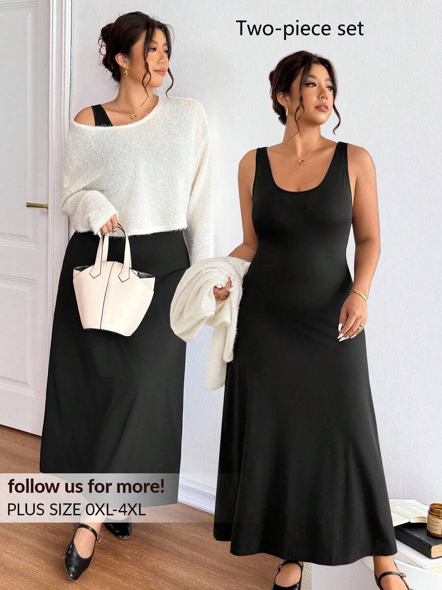 Lounesse Conjunto De 2 Peças Plus Size Feminino, Cardigan Casual E Vestido Preto, Blusa De Manga Comprida Com Design De Malha Semitransparente - Amarelo - Ver 1