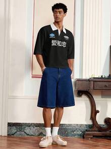 SWAVVY 男士汉字印花短袖休闲通勤Polo衫 - 黑色 - 查看 4