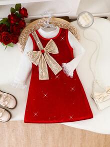Glamorique Kids Young Girls Christmas Princess Elegant Dress Set,White Turtleneck Knit Sweater With Ruffle Cuffs,Gold Sequin Bow Pinafore,Autumn,7th Birthday Outfit - Red - View 5