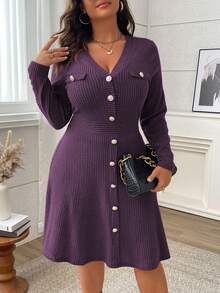 Vionelle Plus Size V-Neck Long Sleeve Cinched Waist A-Line Midi Dress,Dark Purple,Autumn,Elegant,Formal Solid Color Ribbed Button Violet Dress - Purple - View 1