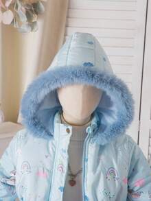 女童冬季羽绒服，加厚保暖内衬，彩色毛领连帽拉链外套，修身腰身，大口袋，儿童冬季羽绒服 - 淺藍色 - 查看 3
