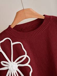 CosyJoli Plus Size Women 3D Floral Pattern Knit Sweater, Casual For Autumn - Rust Brown - View 4