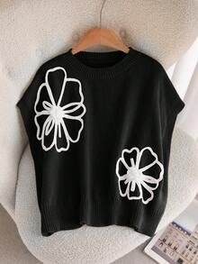 CosyJoli Plus Size Women 3D Floral Pattern Knit Sweater, Casual For Autumn - Black - View 3
