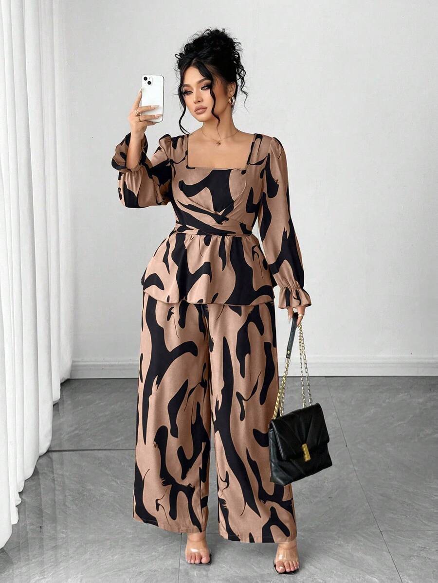 Elenzga 2 件女式套装：方领长袖印花衬衫和休闲宽松松紧腰裤，服装 - 彩色 - 查看 1