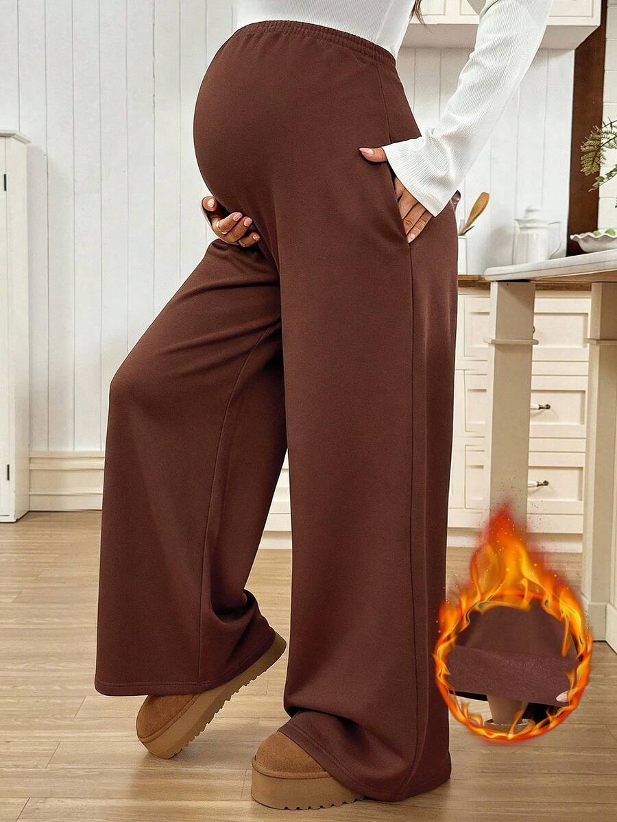 SHEIN 孕妇休闲日常通勤简约纯色高腰斜插口袋保暖宽松阔腿运动裤 - 駝色 - 查看 1