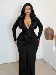 Maweii Plus-Size Women's Sexy Deep V-Neck Hem Slit New Year Party Dress - Black - View 2