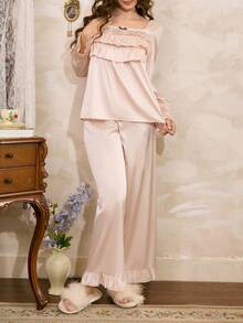 Côtesoire French Romantic Ruffle Satin Women Pajama Set, Winter Clothes - Champagne - View 5
