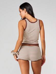 MISSGUIDED Christmas Striped Ribbed Knit Tank Top And Shorts Pajama Set With Bear Embroidery For Summer Loungewear - Multicolor - View 2