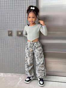 SHEIN Young Girl Sports Casual Knit Long Sleeve Top And Leaf Print Long Pants Set - Light Grey - View 5