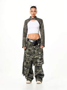 SUMWON WOMEN Extreme Cropped Moto Jacket With Cut Out Chest Detail And Stud Belt - Black - View 3
