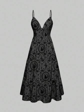 Goth Vestido sexy y romántico con espalda descubierta y cremallera, de estilo gótico elegante con gato, vid, rosa y cruz, en colores negro y gris, para el Día de San Valentín