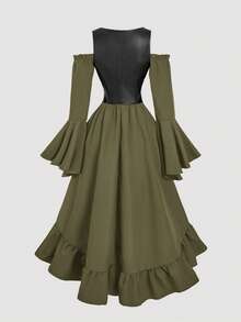 SHEIN MOD Vestido de moda con decoración de pliegues, mangas acampanadas y parches de PU para mujer