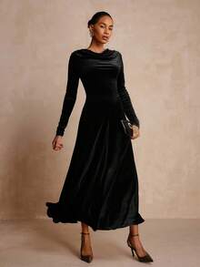 Vesra 女士优雅深V领长袖丝绒连衣裙 - 黑色 - 查看 5