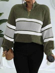SHEIN LUNE Suéter casual de talla grande con bloques de color y rayas, otoño/invierno - Verde militar - Ver 4