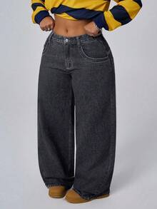 Jeanoix Plus Size Women Casual Embroidered Washed Long Pants - Dark Grey - View 6