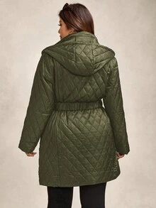 Zelara Abrigo acolchado y acolchado con cinturón de metal, abrigo con capucha de talla grande para otoño/invierno - Verde militar - Ver 10
