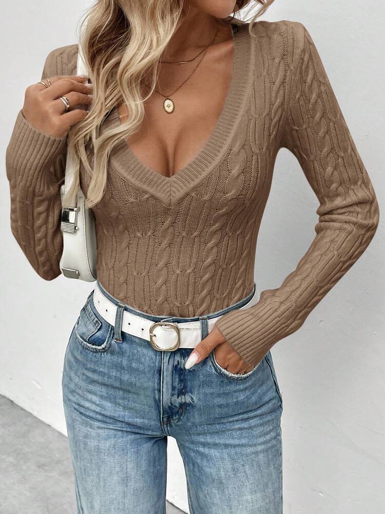 SHEIN LUNE Women's V-Neck Cable Knit Tight Fit Casual Retro White Sweater, Autumn/Winter,Fall,Fall Clothes For Women