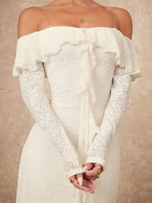 Lumalex Spring Summer 1pc Women's Off-Shoulder Ruffle Trim Bodycon Long Sleeve Dress With Flared Hem Perfect For Summer, Spring-Break Trips, Cruises, Beach Weekends, Vacations, Parties, Date Nights, Weddings, Proms, Banquets, Birthdays, Carnivals, Festivals And Other Holiday Events. Neo-Girly Charm, Boho-Casual Flair, Quiet Luxury, Business Chic, And Relaxed Vacay A Richly Layered, Glitter-Accented Style For Luxury Proms, Receptions, Banquets, Weddings, Raves, Festivals, Holiday Gatherings, And Outdoor Evening Occasions-Ideal Whenever You Need A Sophisticated Yet Striking Party Look - Red - View 4