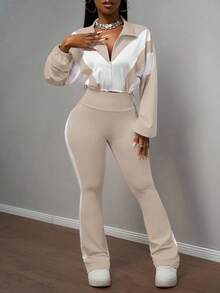 Slaydiva New Early Autumn Casual Simple Daily Dating Sports Style Yoga Suit Small Stand-Up Collar Front Middle Zipper Drop Shoulder White Splicing Light Purple Hem Drawstring Long-Sleeved Top + Purple Flared Trousers Side White Splicing Yoga Pants Knit Suit Women's Two Pieces Suit-B - Apricot - View 4