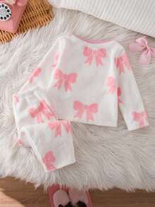 SHEIN Baby Mädchen Süß Lässig Flauschige Schleife Muster Langarm Pyjama Set