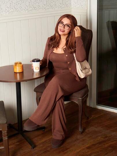 Lupita Cardoza 3-Piece Set: Casual Everyday Layering Cami Top & Jacket & Elastic Waist Straight Leg Pants, Knit Brown Color For Women, Autumn/Winter Fall Cloth For Women