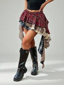 SHEIN PETITE 不对称格子拼布百褶裙，节日气氛，圣诞节和新年红色格子拼布 - 彩色 - 查看 13