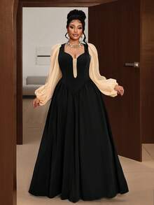 Maweii Robe élégante et sexy grande taille à manches lanternes et blocs de couleur - Noir - Voir 2