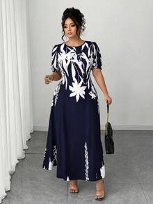 Elenzga Plus Size Women Elegant A-Line Waist Cinched Midi Dress, Flattering For Everyday & Commute - Navy Blue - View 8
