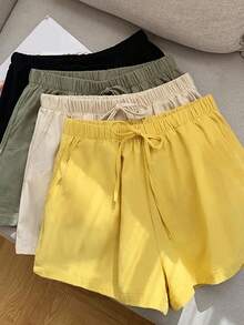 SHEIN 女士抽绳休闲短裤，黑色、绿色、黄色、卡其色，适合夏季户外穿着 - 彩色 - 查看 1