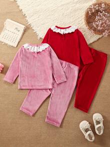 2 piezas Conjunto elegante de ropa para el hogar para niñas, con estampado floral en toda la prenda, top de manga larga con volantes en el bajo y pantalones largos, conjunto casual y de moda para niñas pequeñas, pijamas para niñas - Multicolor - Ver 2