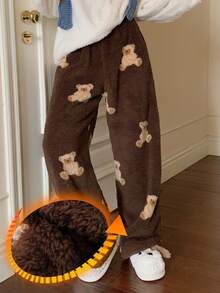 DAZY 女士直筒蓬松舒适睡裤，饰有毛绒小熊印花，适合秋冬季穿着