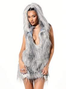 SUMWON WOMEN 露背连帽人造毛皮外套，流苏下摆细节，适合冬季节日场合 - 灰色 - 查看 5