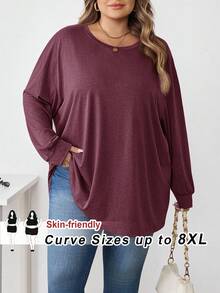 SHEIN CURVE+ Camiseta Casual Solta de Manga Longa com Decote Redondo e Ombros Caídos, Cor Sólida, Plus Size Feminino, Outono/Inverno - Vinho - Visão 1
