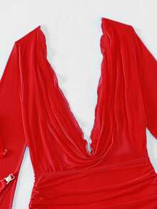 SHEIN Swim Vcay 女士纯色吊带系带性感比基尼泳衣套装，含宽松罩衫 - 紅色 - 查看 5