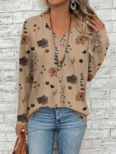EMERY ROSE Vintage Watercolor Floral Print V-Neck Loose Long Sleeve T-Shirt For Plus Size Women, Suitable For Autumn/Winter
