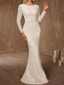 Coutiva Women's Elegant Sequin & Faux Pearl Embellished Fishtail Hem Formal Evening Gown